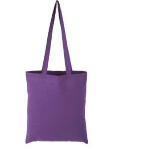 A purple calico tote bag with long handles and no visible branding.