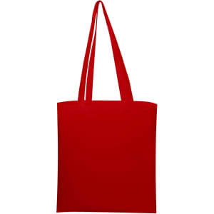 A red calico tote bag with long handles and a basic design, featuring a branding logo.