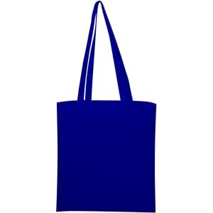 A blue tote bag with long handles, featuring a simple design and a logo.