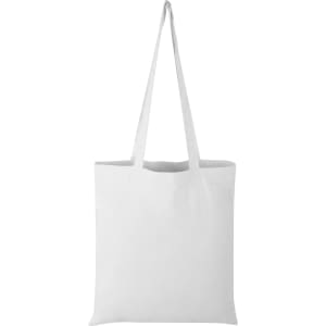 A white tote bag with long handles and a simple design, featuring a branding logo.