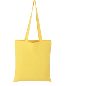 A yellow calico tote bag with long handles and a logo. Simple and stylish design.
