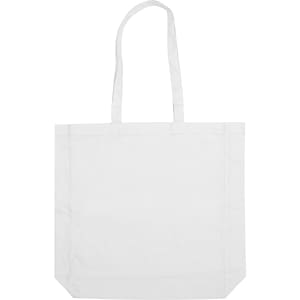 A white calico tote bag with long handles and a simple design. It features a logo or branding.