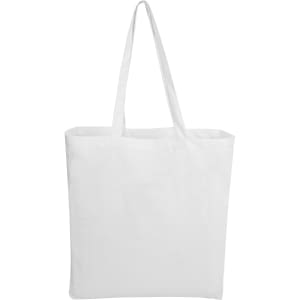 A white calico tote bag with long handles, featuring a simple design and an empty interior.