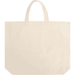 A cream-coloured cotton tote bag with two handles and a small logo on one side.
