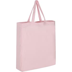A pink cotton tote bag with two handles and a spacious interior, featuring a logo.