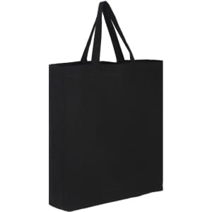 A black cotton tote bag with two handles, featuring an impression of a logo.