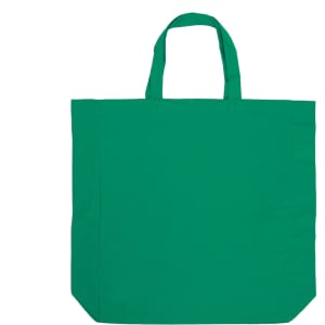 A green cotton tote bag with two handles and no visible branding.