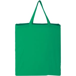 A green cotton tote bag with two handles, featuring a blank design and no visible branding.