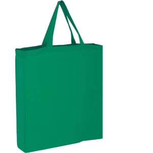 A green cotton tote bag with two handles and a plain design. Features a logo on one side.