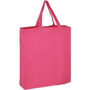 A pink cotton tote bag with sturdy handles and a simple design. It includes a logo.