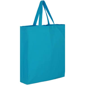 A bright blue cotton tote bag with two handles and a blank front surface, featuring a logo.