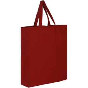 A red cotton tote bag with two handles and a simple design. It has a logo on one side.