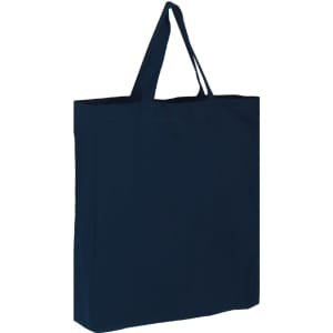 A navy blue cotton tote bag with two sturdy handles and a plain design, featuring a logo.