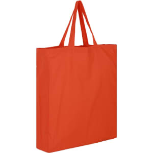 An orange cotton tote bag with two handles and a simple design. It features a logo.