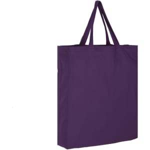 A purple cotton tote bag with two shoulder straps and a plain design. The bag includes a logo.