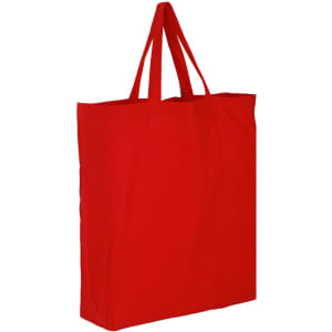 A red cotton tote bag with two handles and a simple design. It includes a logo.