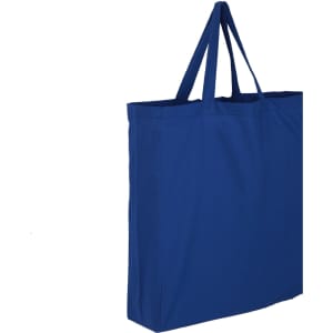 A blue cotton tote bag with two handles and a simple design. The bag features a logo on one side.