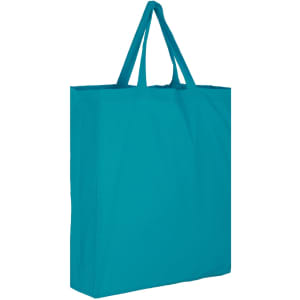 A turquoise cotton tote bag with two handles and no visible logos.