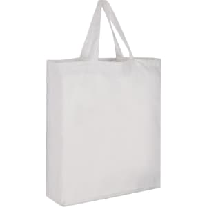 A white cotton tote bag with two handles and a simple design, featuring a logo on one side.