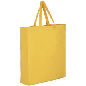 A yellow cotton tote bag with two handles and a simple design. It features a logo on one side.