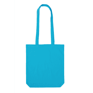 A turquoise reusable cotton bag with long handles and a simple design, featuring a logo.