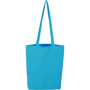 A blue long handle cotton bag with two sturdy handles and a simple design. It includes a logo.