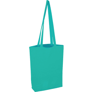 A turquoise reusable grocery bag with long handles, featuring a simple design and no visible branding.