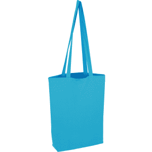 A blue reusable cotton bag with long handles and a simple design. Features a logo.