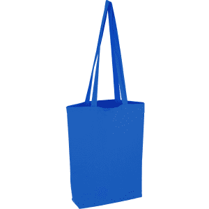 A blue reusable cotton bag with long handles, featuring a simple design and no visible branding.