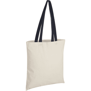A cotton tote bag with navy blue handles, featuring a plain design and a logo.