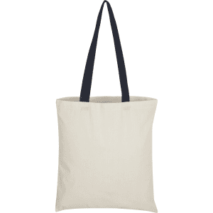 A cream cotton tote bag featuring navy coloured handles and a logo on one side.