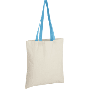 A cream tote bag with light blue handles, featuring a logo on one side.