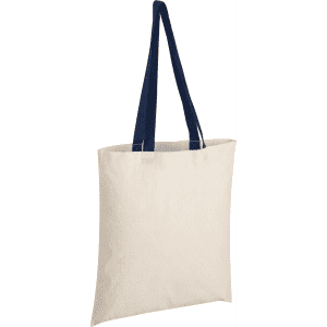 A cotton tote bag in natural cream with navy blue handles, featuring a branding logo.