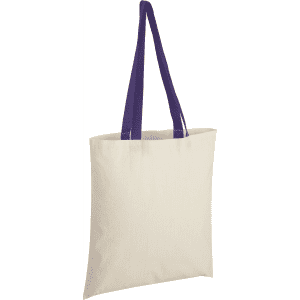 A beige cotton tote bag with purple coloured handles and a logo on one side.