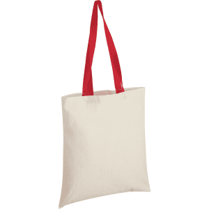 A cotton tote bag in natural colour with red handles. It features a logo on one side.