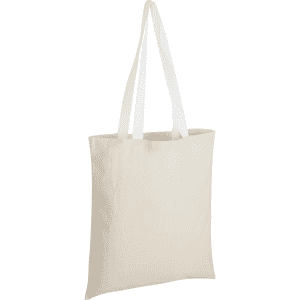 A cotton tote bag in a neutral cream colour with white handles and a simple design, featuring a logo.