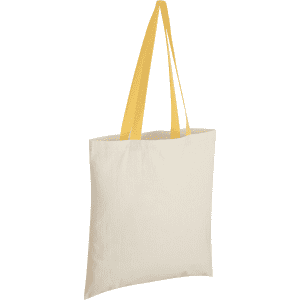 A cream tote bag with bright yellow handles, featuring a simple design and a logo.