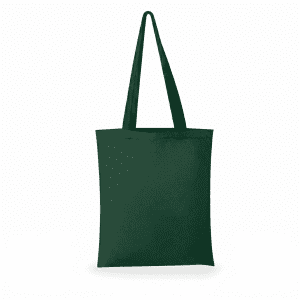 A green canvas tote bag with two long handles and a simple design. It features a logo on the front.