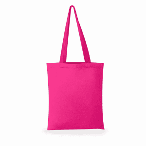 A bright pink canvas tote bag with two shoulder straps and a plain design. It features a logo on one side.
