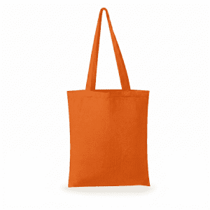 An orange tote bag with two shoulder straps and an unembellished design. It features a branding logo.