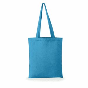 A bright blue tote bag with long handles and a simple design, featuring branding.