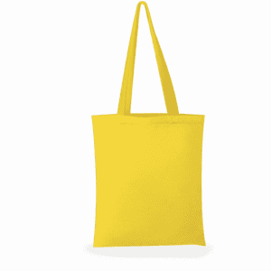 A yellow tote bag with long handles and a simple design, featuring a logo.