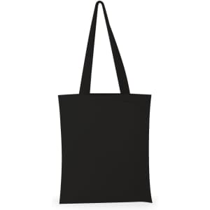 A black tote bag with long handles and a plain design, featuring a logo.
