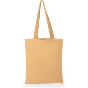A yellow tote bag with long handles and a plain design, featuring a logo on the front.