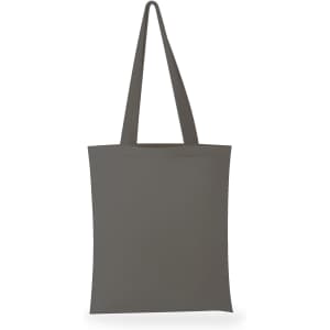 A green canvas tote bag with long handles, featuring a simple design and a logo.