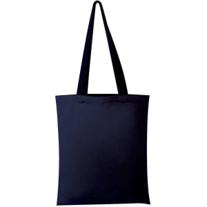 A dark navy tote bag with long handles, featuring a simple design and a logo.