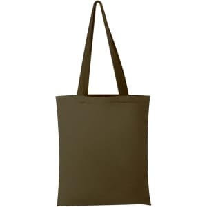 A green tote bag with two handles and a plain design. It includes a logo on one side.