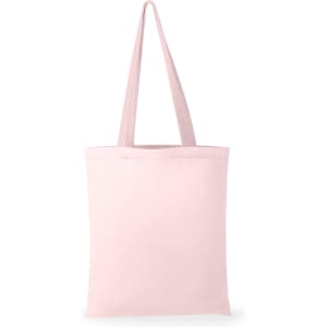 A pink tote bag with long handles, featuring a blank surface and a simple design. Includes a logo.