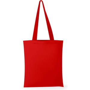 A red canvas tote bag featuring two long handles and a simple design. It has a logo on one side.