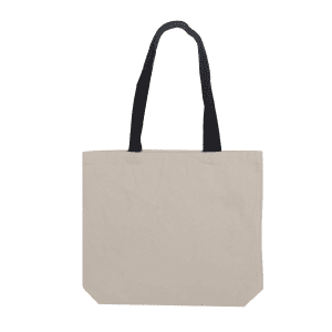 A beige tote bag with black handles, featuring a logo on one side.